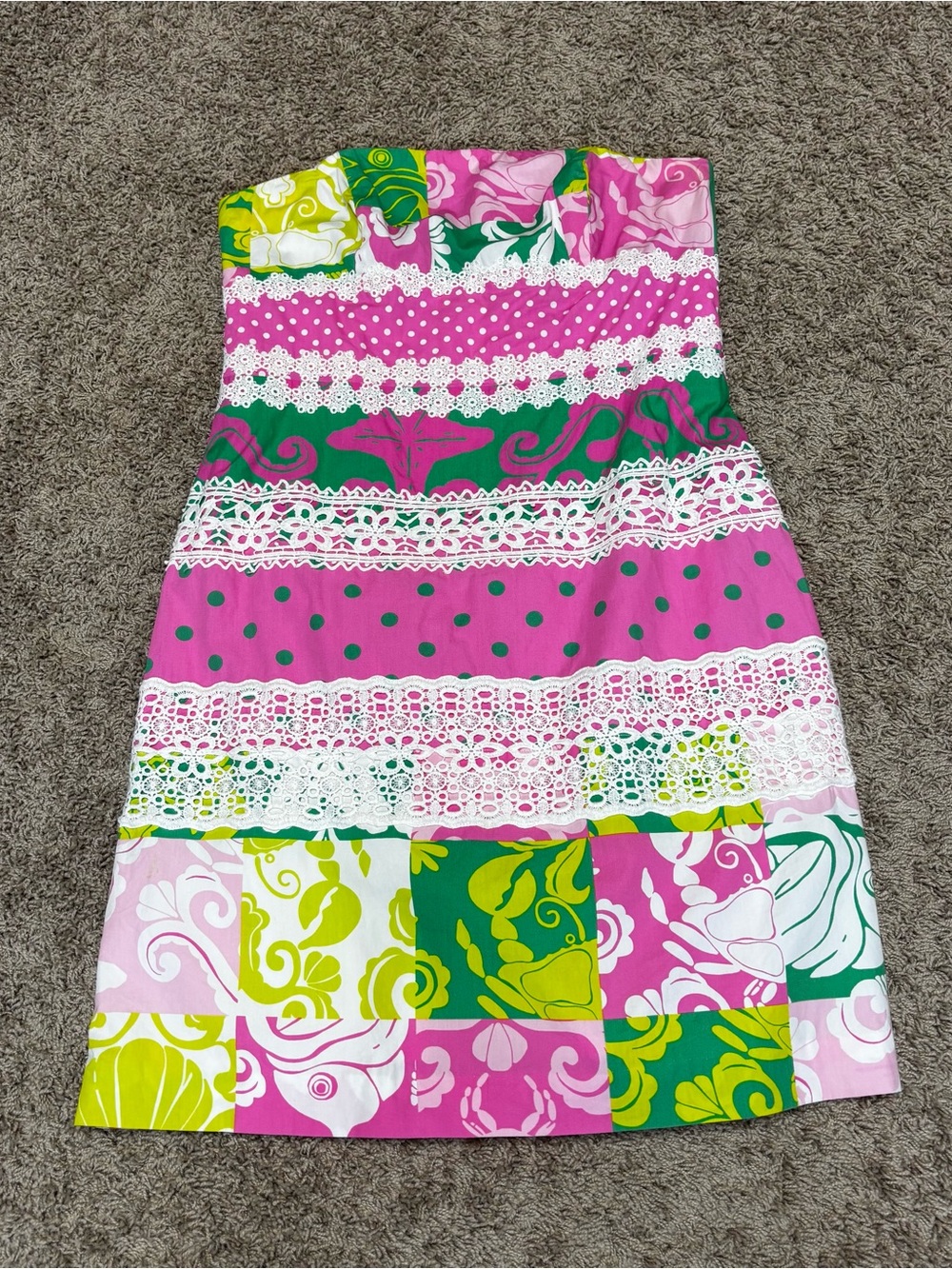 Lilly Pulitzer Pink, Green & Yellow Patchwork Strapless Dress womens 12